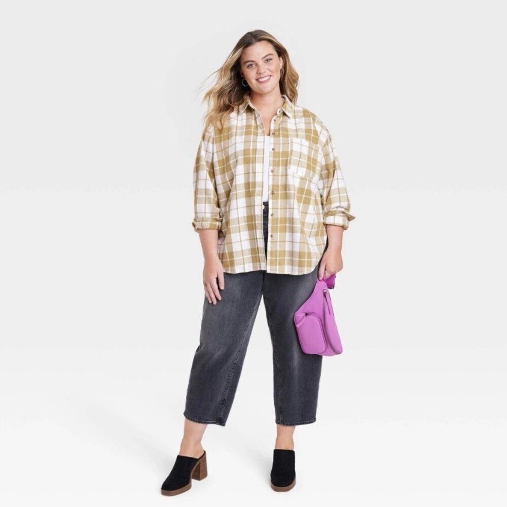 Universal Thread Olive Green Plaid Oversized Flannel Button Down Shirt Size M - Picture 2 of 11